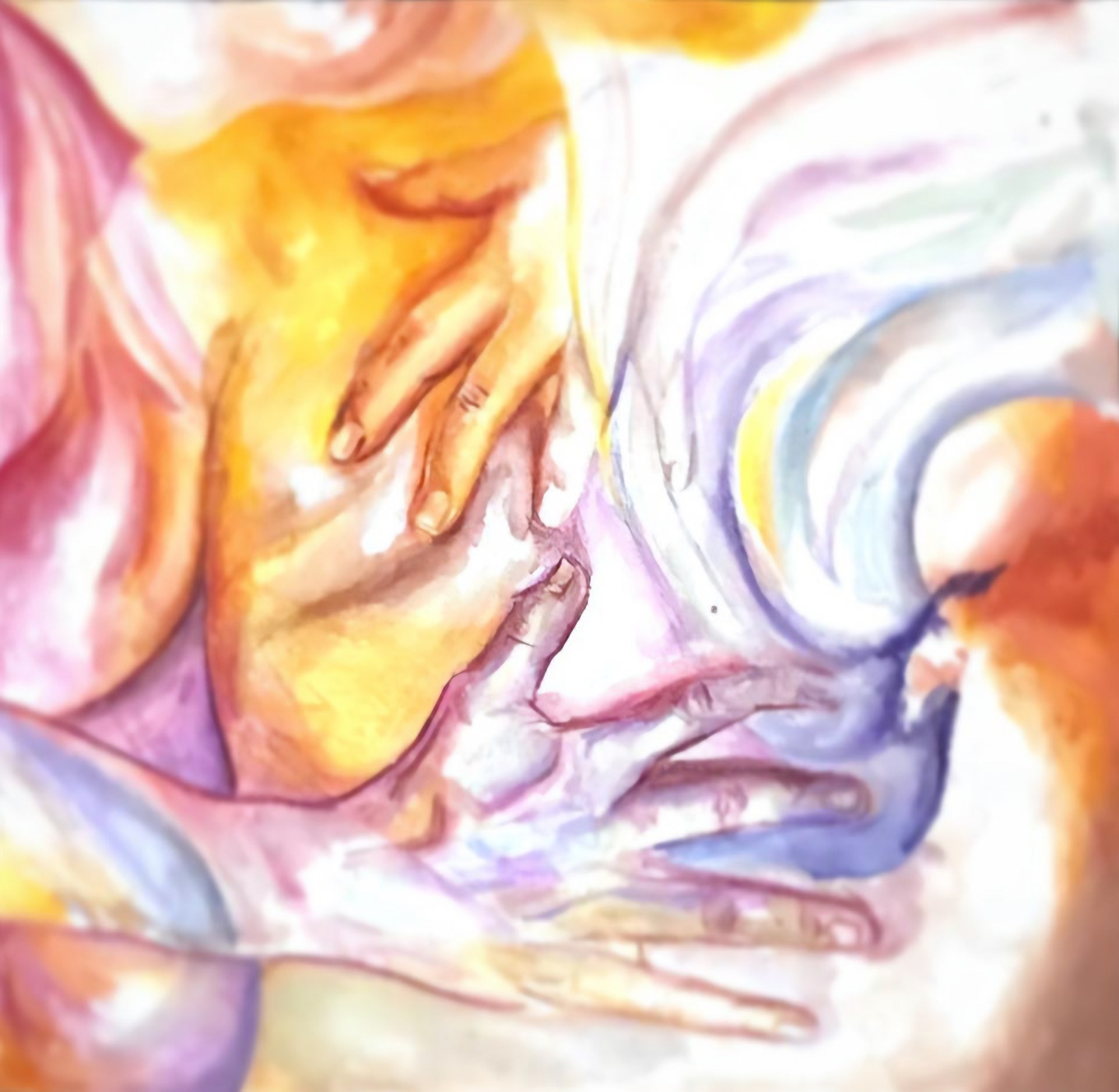 Watercolour of hands in warm pinks, oranges and violets