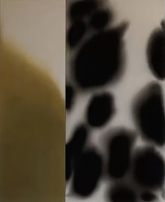 A blurred diptych in ochre and black and white