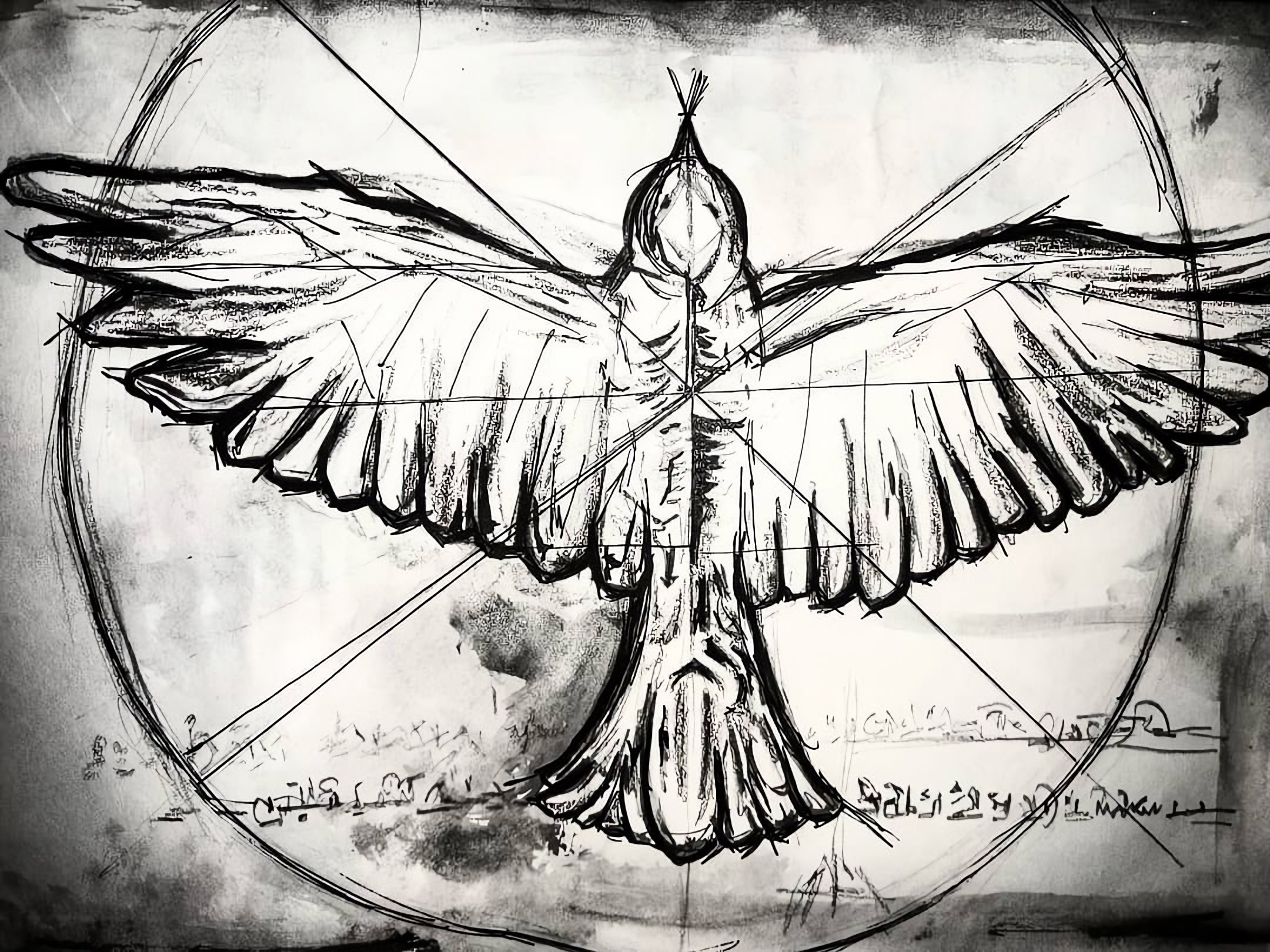 Charcoal bird with outstretched wings inside a circle
