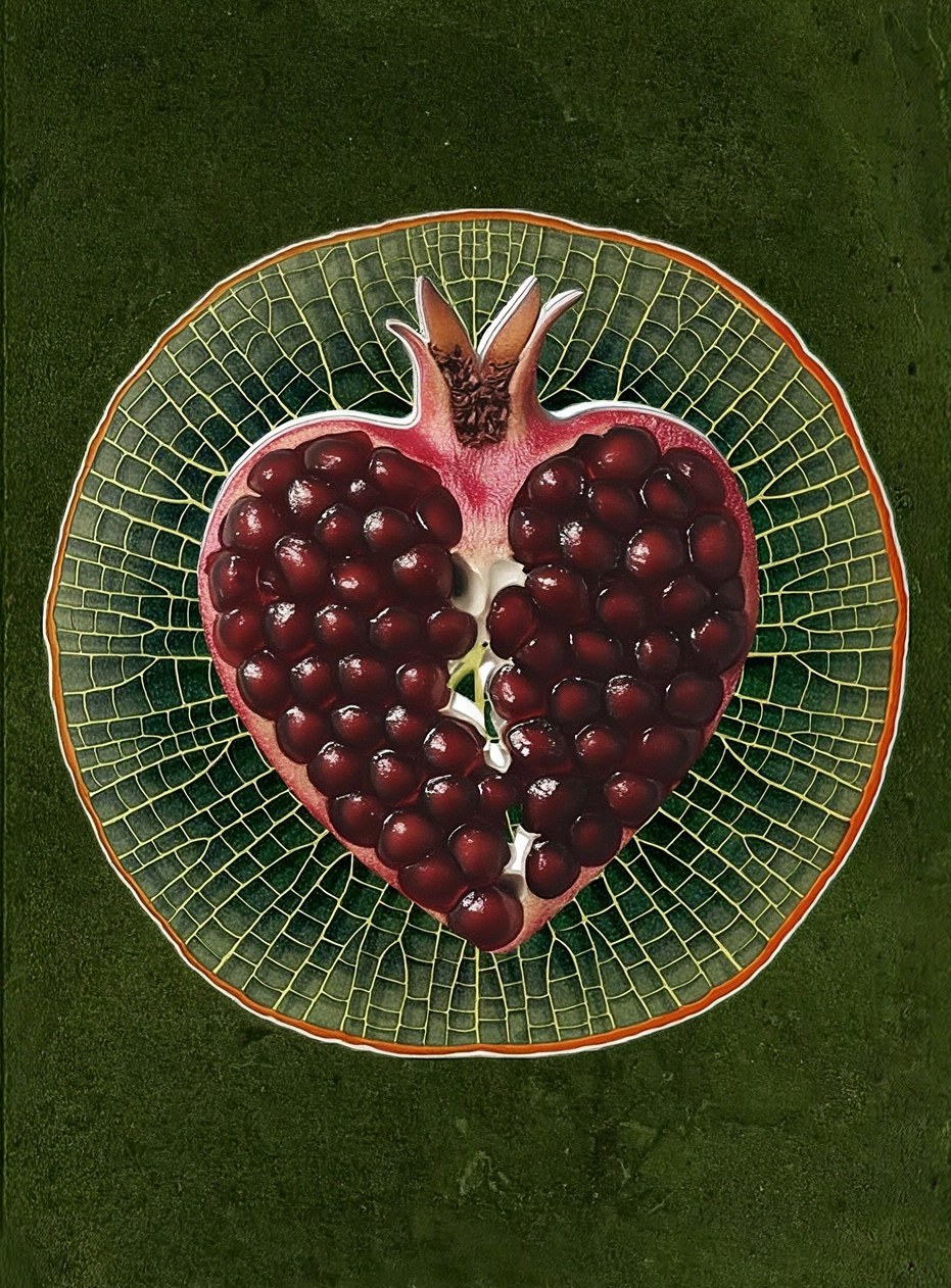 A heart-shaped pomegranate on a veined green leaf
