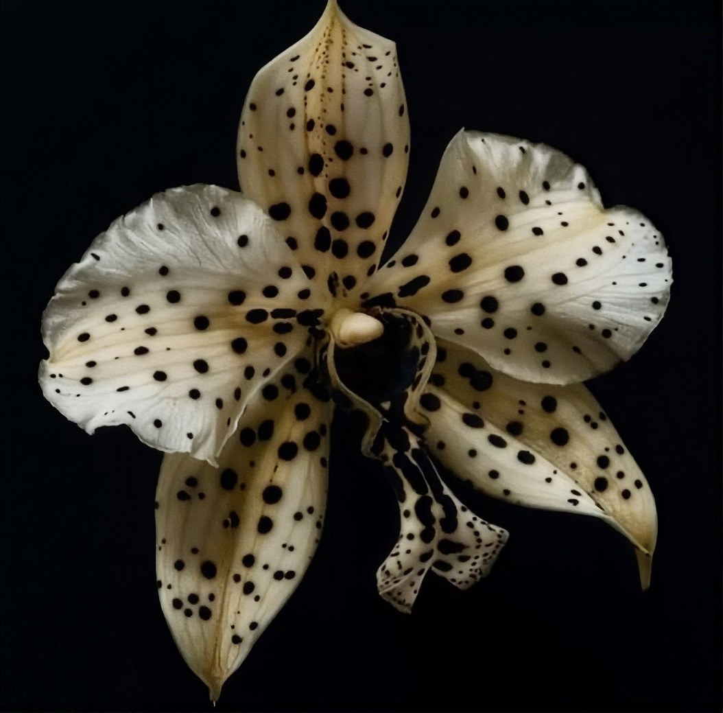 A cream orchid with black spots on black
