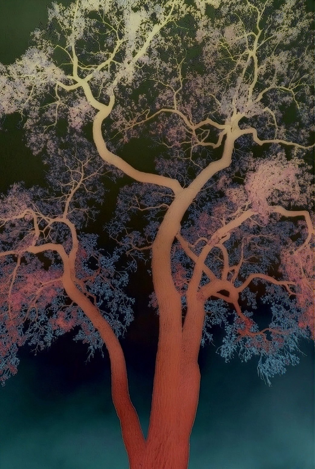 A glowing tree with red trunk against a dark sky