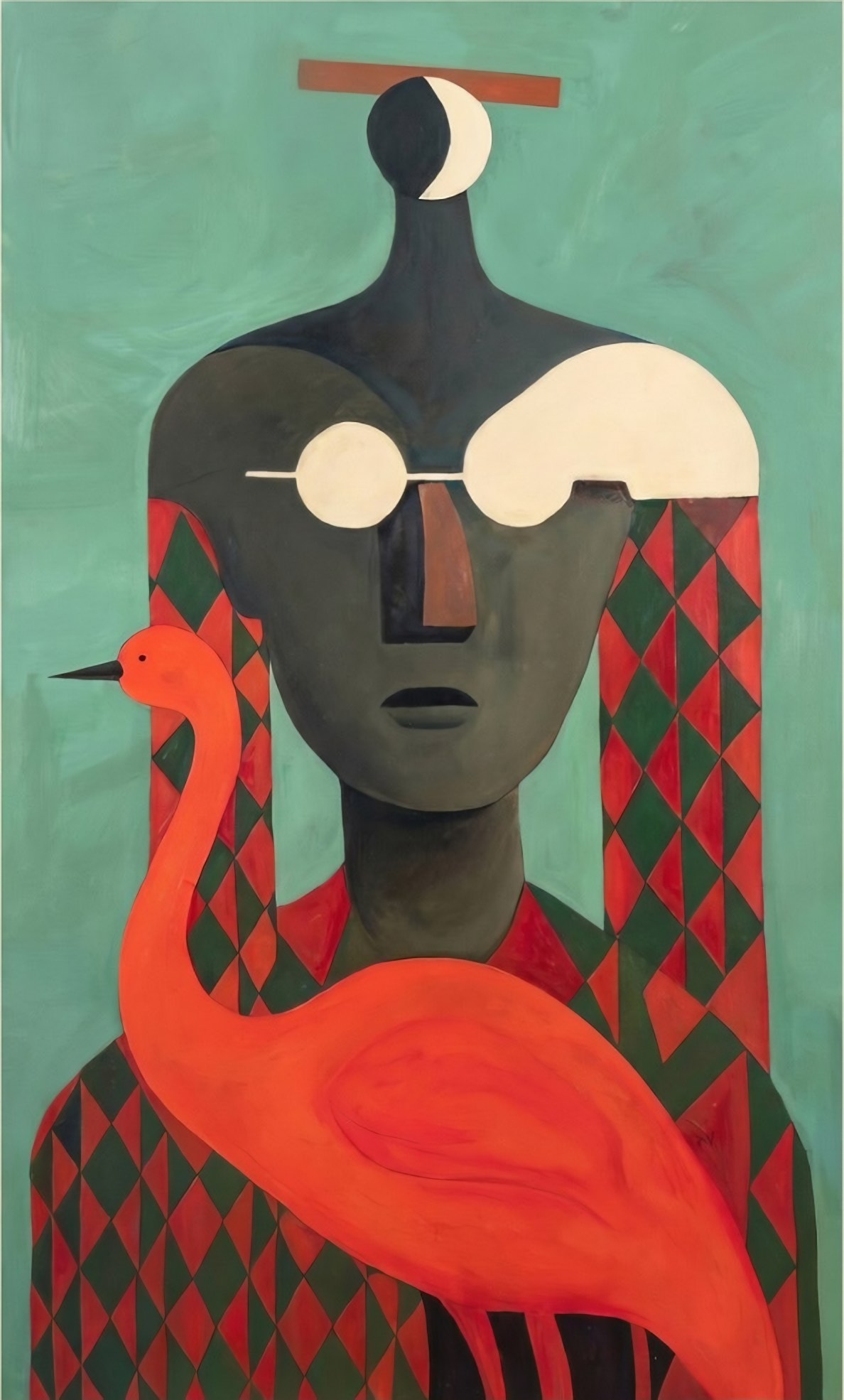 Stylised figure with a crescent moon and an orange flamingo on teal