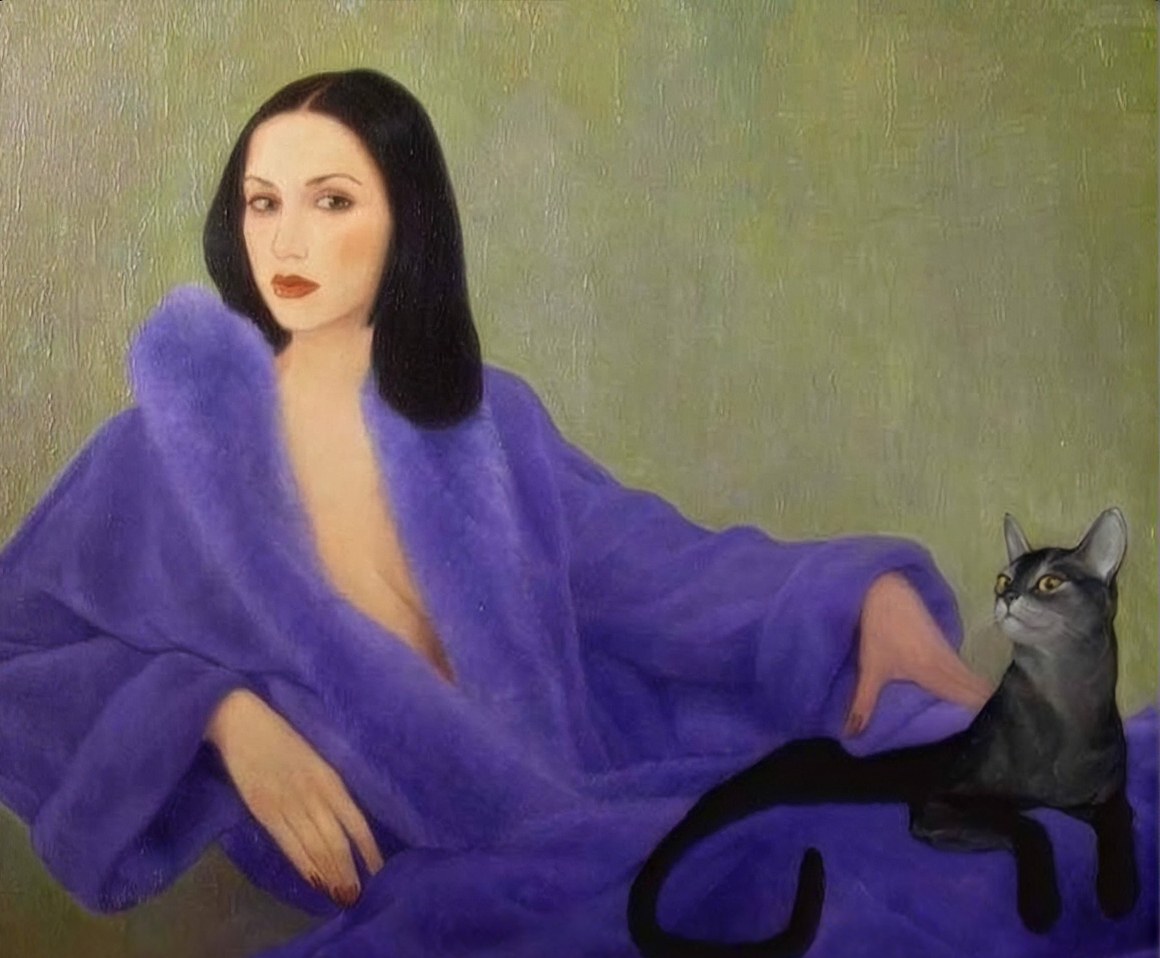 A woman in a violet fur coat with a grey cat
